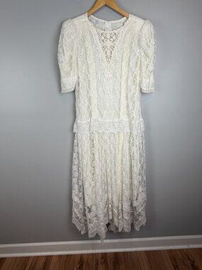 Vintage Scott McClintock  Ivory Lace Dress Size 14 Wedding Cottage Core Prairie